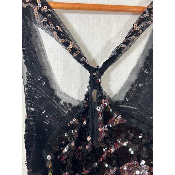 Full Sequin Mini Dress Black Silver Mesh Disco Sleeveless Sheer Unlined Bodycon - Picture 4 of 8